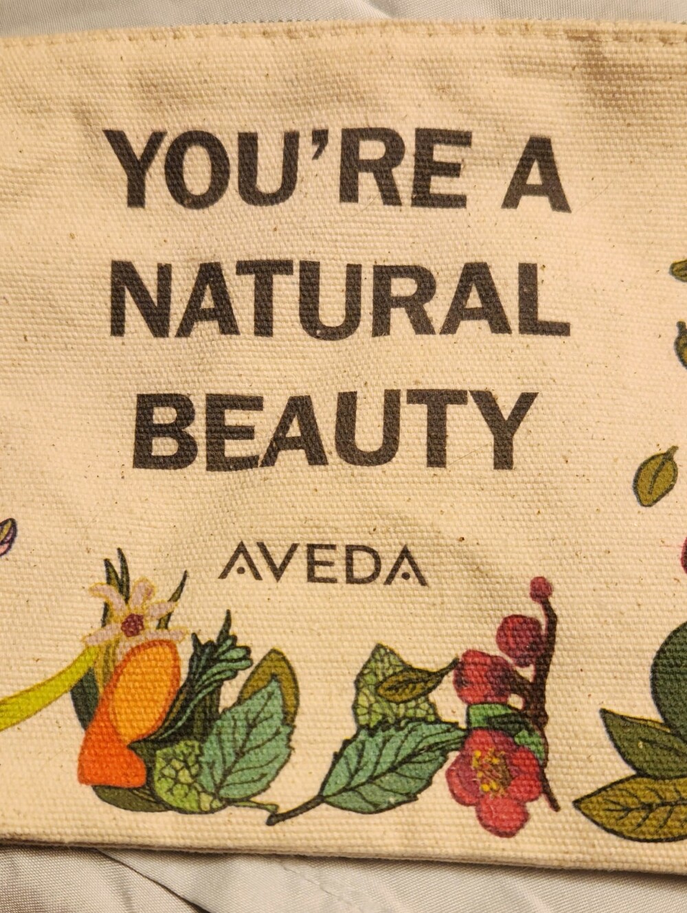 AVEDA Cream Canvas Cosmetic Bag with Multicolor Floral Print
